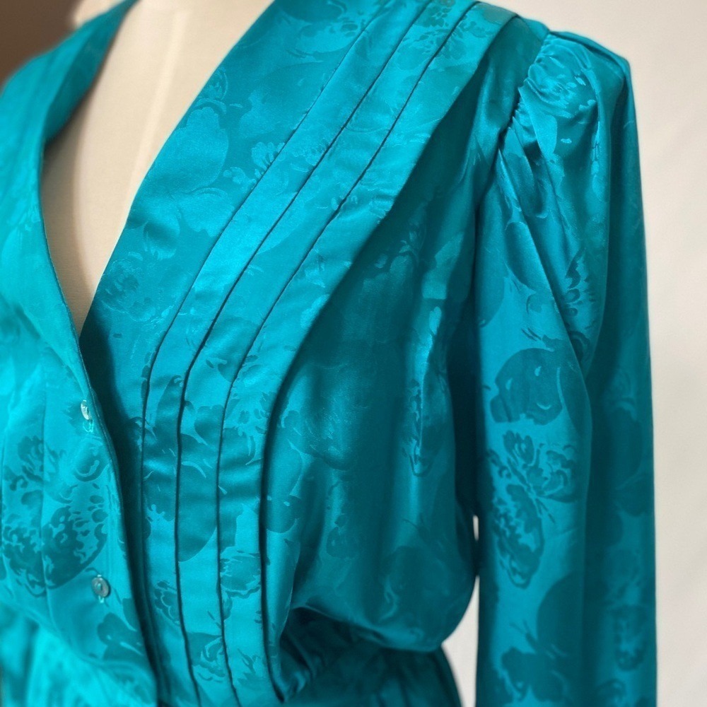 Vintage Argenti 100% Silk Teal Butterfly Jacquard Pleated Midi Dress Size 8 - Picture 6 of 8